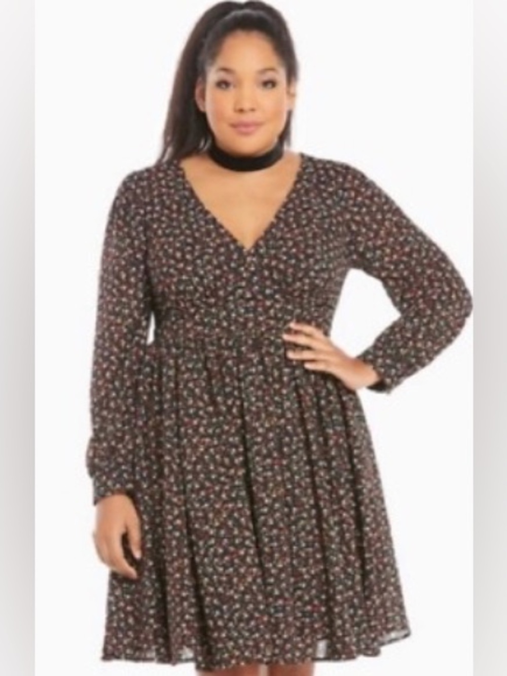 Torrid Black Long Sleeve Flare Floral Dress